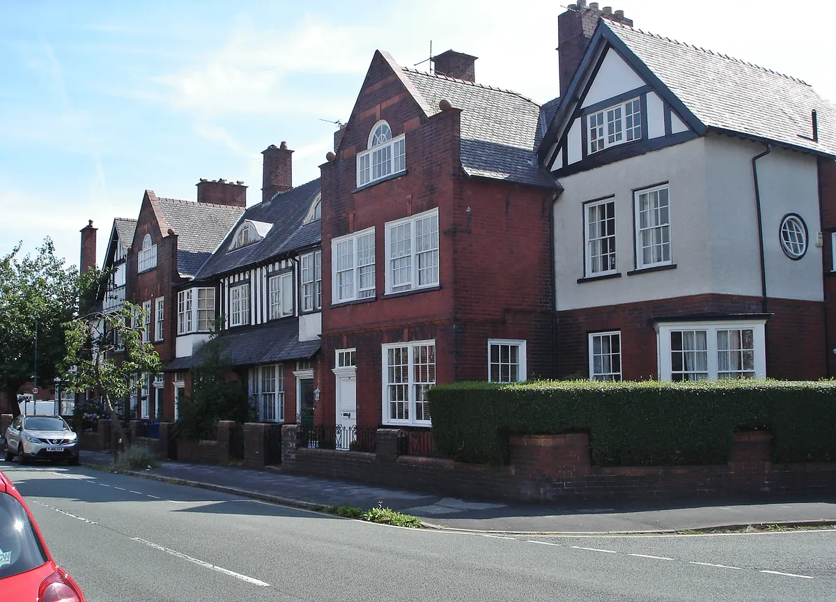Edwardian houses with gables and bay windows on Swinley Lane, Wigan