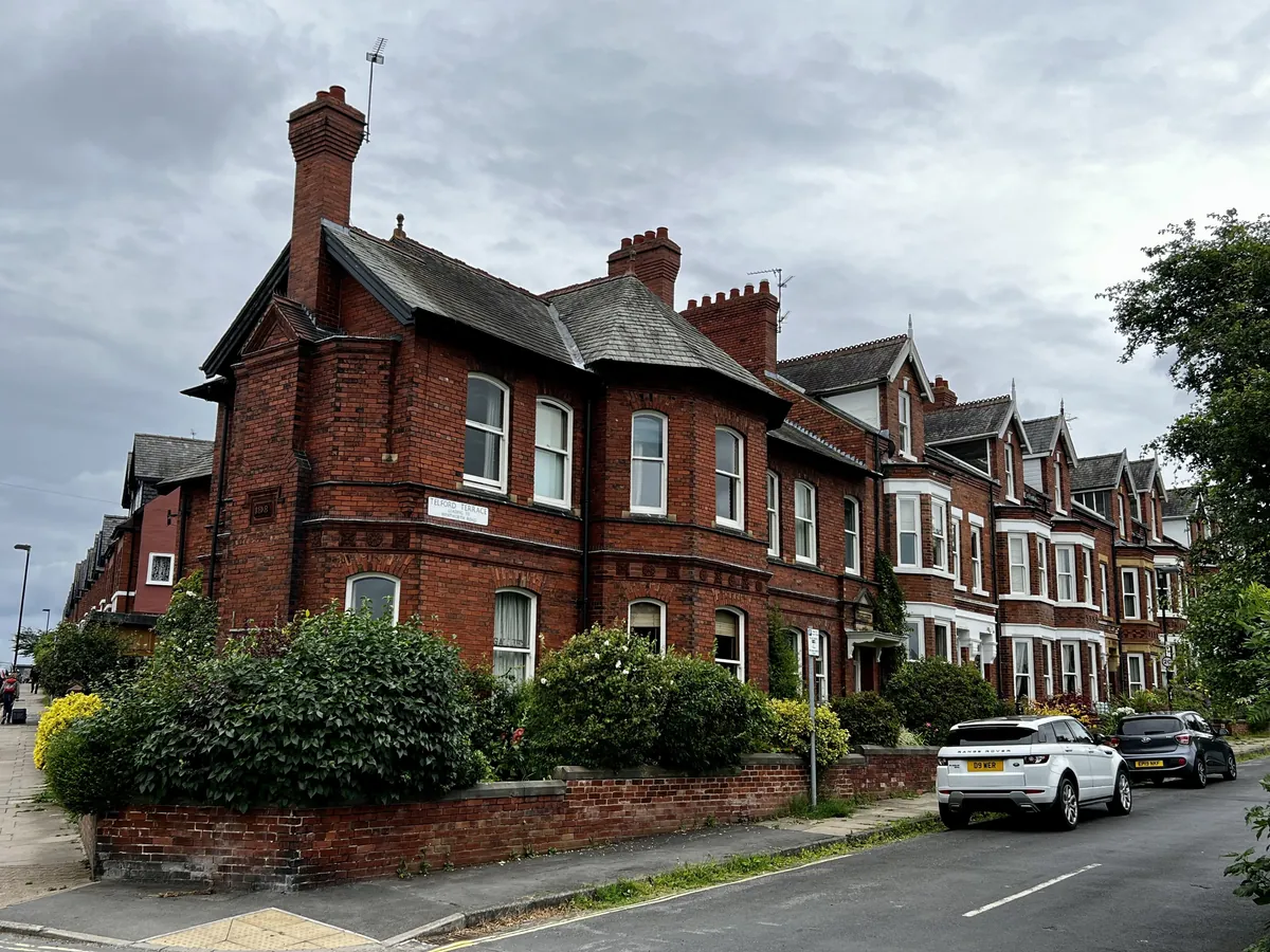 Red-brick Victorian houses with bay windows on Telford Terrace, York